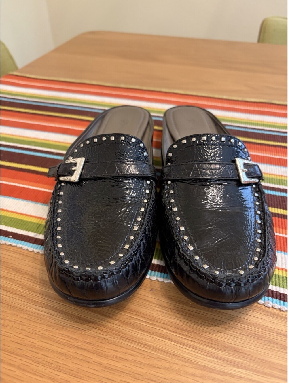 Brighton 9.5M Black leather Mule Loafers Silver Buckles Studs Brazil